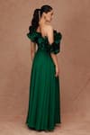 Shop_SHRIYA SOM_Green Silk Ruffle Flower Asymmetric Neck Chiffon Neckline Gown  _at_Aza_Fashions