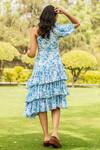 Shop_B'Infinite_Blue Crepe Print Tropical Asymmetric Neck One Shoulder Dress_at_Aza_Fashions