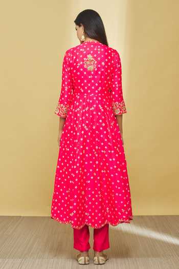 Shop_Surbhi Shah_Red Silk, Organza Embroidery, Gota Patti V-neck Bandhej Print Angarkha Set _at_Aza_Fashions