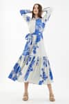 Shop_KoAi_Blue Poplin Cotton Floral Shirt Collar Pattern Dress _at_Aza_Fashions