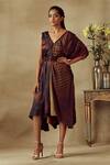 Shop_Shilpi Gupta_Brown Armani Satin Printed Geometric V Neck Dress With Belt  _at_Aza_Fashions