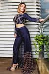 Masumi Mewawalla_Blue Raw Silk Boat Crop Top With Pant  _Online_at_Aza_Fashions