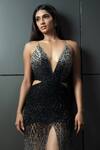 Shop_Rohit Gandhi + Rahul Khanna_Black Tulle Crystals V-neck Ombre Skyfall Gown _at_Aza_Fashions