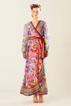 Shop_Rajdeep Ranawat_Multi Color Silk Embroidery V-neck Udipti Floret Pattern Wrap Dress_at_Aza_Fashions