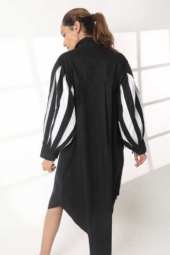 Shop_Studio Moda India_Black Cotton Chains Pleated Sleeve Flow Dress _at_Aza_Fashions