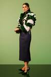 Shop_Sameer Madan_Green Faux Leather, Jersey Shawl Neck The Polaris Ruffle Jacket _at_Aza_Fashions
