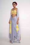 Shop_Merge Design_Blue Blouse Chiffon Skirt Satin Shrug Tie Dye And Dhoti Set _at_Aza_Fashions