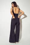 Shop Sameer Madan Black Jersey, Faux Leather Sweetheart Neck The Willow Jumpsuit at Aza Fashions Shop_Sameer Madan_Black Jersey, Faux Leather Sweetheart Neck The Willow Jumpsuit _at_Aza_Fashions