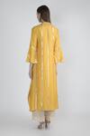 Shop_Gopi Vaid_Yellow Cotton Silk Printed Stripe Band Collar Sali Kaftan Tunic _at_Aza_Fashions