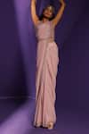 Shop_Rishi And Soujit_Pink Organza And Crepe Embroidery Hand-dyed Pearl V Neck Pre-draped Saree Set _at_Aza_Fashions