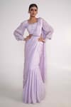 Shop_Merge Design_Purple Modal, Silk, Chiffon Sequins, Embroidery Solid Pre-draped Saree Set _at_Aza_Fashions