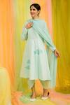 Shop_Kacha Tanka_Blue Dupatta Chiffon, Kurta And Pant Cotton Balloon Sleeve Hand Embroidered Set _at_Aza_Fashions
