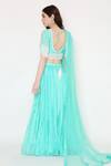 Shop_Bha Sha_Blue Lehenga And Blouse Muslin Printed Bandhani Leaf Neck Vanika Set _at_Aza_Fashions