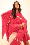 Shop_Vanshika Agarwal Label_Fuchsia Bamberg Silk Collared Neck Ruby Embroidered Kaftan Top And Pant Set _at_Aza_Fashions