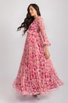 Shop_AROOP SHOP INDIA_Pink Recycled Chiffon Printed Floral V Neck Michelle Pleated Dress _at_Aza_Fashions