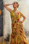 Shop_Awigna_Yellow Crepe Print And Embroidery Mezar Pre-draped Saree With Blouse _at_Aza_Fashions