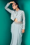 Shop_Rishi And Soujit_Blue Crepe Embroidery Sequin Mandarin Crop Jacket And Draped Skirt Set  _at_Aza_Fashions