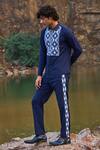 Shop_Dash And Dot_Blue 2% Lycra, 35% Viscose, 63% Polyester Geometric Jacquard Tuxedo Stripe Pant_at_Aza_Fashions