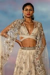 Shop_Rohit Gandhi + Rahul Khanna_Gold Denim, Crepe, Tulle Crystals, Sequins, Embroidery Floral Lehenga Set _at_Aza_Fashions