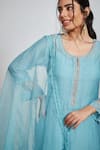 Shop_Label Mansi Nagdev_Blue Chanderi Mirrors Round Neck Rudainah Resham Placement Embroidered Kurta Set _at_Aza_Fashions