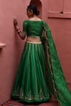 Shop_Deep Thee_Green Silk Embroidery Big Kalyani Booti Deep V Neck Stripe Bridal Lehenga Set _at_Aza_Fashions