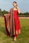 Shop_Safaa_Red Moonga Silk Woven Kani Weave U Neck Zahra A-line Kurta Set For Women_at_Aza_Fashions