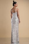 Shop_Kommal Sood_Silver Lycra Stretch Net Embroidered Sequins Work Front Slit Gown  _at_Aza_Fashions