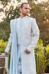 Shop_Decemberbyvivek_Blue Silk Hand Embroidery Floral Flower Vine Sherwani Set  _at_Aza_Fashions