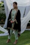 Shop_Daljit Sudan_Green Velvet Kashmiri Tilla Aari V Neck Kimono Cape And Pant Set_at_Aza_Fashions