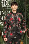 Shop_Varun Bahl_Black Suiting Fabric Floral Pattern Bandhgala Set_at_Aza_Fashions