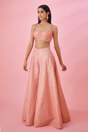 Shop_Shyam Narayan Prasad_Peach Net, Brocade Zari, Embroidery Sweetheart Neck Top Sharara Set _at_Aza_Fashions