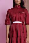 Shop_Escape By Aishwarya_Maroon Cotton Satin High Stand Collar Tiered Dress With Belt _at_Aza_Fashions