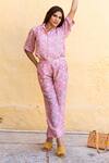 Shop_Gulabo Jaipur_Pink Muslin Embroidery Split V-neck Aura Floral Print Pant Set_at_Aza_Fashions