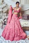 Shop_Varun Chakkilam_Pink Silk Organza Sequins, Embroidery, Beads 3d Floral Bridal Lehenga Set _at_Aza_Fashions