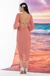 Shop_AMRTA by GUNEET KONDAL_Peach Shell 100% Viscose Chinon Ruched V Neck Cutout Asymmetrical Draped Dress _at_Aza_Fashions