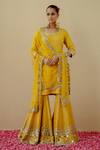 Shop_Mint blush_Yellow Kurta And Sharara Raw Silk Embroidered Mirrors Round Sheesha Set _at_Aza_Fashions