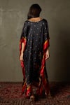 Shop_RI.Ritu Kumar_Black Silk Satin And Embroidery Floral V Neck Wild Flower Kaftan _at_Aza_Fashions