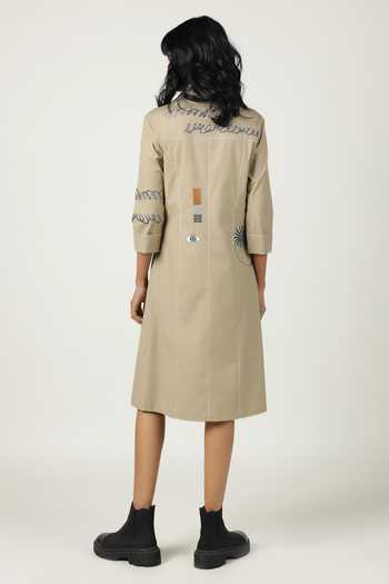 Shop_Shahin Mannan_Beige Poplin Embroidery Collared Abstract Shapes Pocket Dress _at_Aza_Fashions