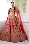 Shop_Pallavi Poddar_Red Silk, Tulle Zari, Sequins, Embroidery Double Parot Bridal Lehenga Set _at_Aza_Fashions