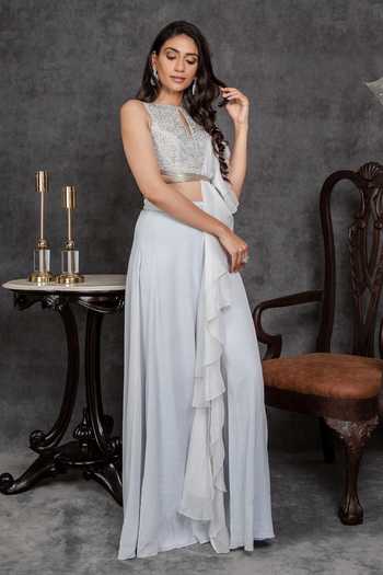 Shop_Sunita Bhandari_Blue Viscose, Crepe, Organza Cut Work Boat Embroidered Out Blouse Sharara Set _at_Aza_Fashions