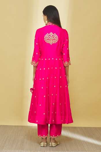 Shop_Surbhi Shah_Pink Silk, Gingham Beads, Gota Patti, Angarkha Set With Bandhej Print Dupatta _at_Aza_Fashions