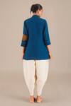 Shop_AMPM_Blue Linen Embroidered Leaf V Neck Jacket _at_Aza_Fashions