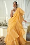 Shop_Sanjana Reddy Designs_Yellow Georgette Embroidery Floral Ruffle Pre-draped Saree With Blouse  _at_Aza_Fashions