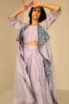 Shop_Betrue_Purple Chanderi Cotton, Silk Embroidery Reversible Kokand Print Cape Skirt Set _at_Aza_Fashions