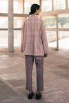 Shop_Urvashi Kaur_Brown Handloom Cotton Embroidery Collared Brick Geometric Block Print Jacket _at_Aza_Fashions