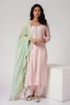 Shop_Label Mansi Nagdev_Pink Chanderi Embroidery Resham Round Shaffan Kurta Set _at_Aza_Fashions