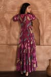 Shop_Taro_Wine Chanderi Silk Print Floral Split V Neck Plum Garden Maxi Dress  _at_Aza_Fashions