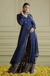 Shop_AFFROZ_Blue Georgette Printed Paisley Jaal V Neck Hand Embroidered Kurta Set _at_Aza_Fashions