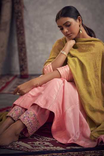 Shop_Hirika & Dhruti_Pink Cotton, Silk, Tissue, Crepe Gota Patti, Sequins, Embroidery Anarkali Set _at_Aza_Fashions