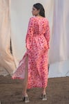 Shop_Kauza_Pink Viscose Satin Printed Abstract V Neck Alsu Kaftan Dress With Belt _at_Aza_Fashions